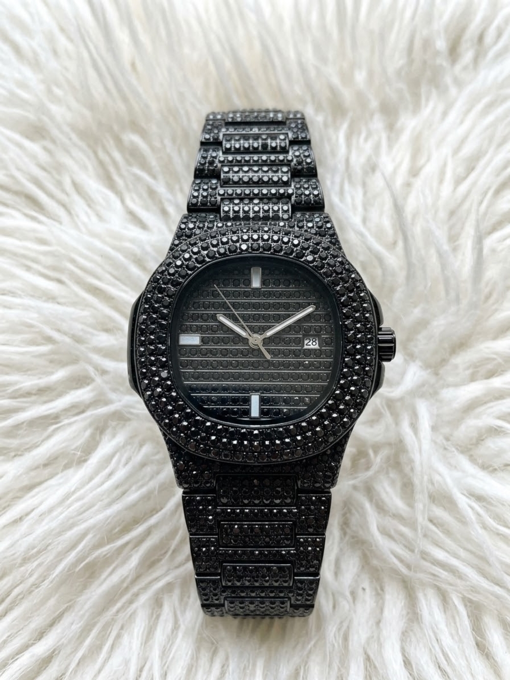 Men's Black Crystal-Embellished Luxury Sparkling  Sport Chronograph Watch NEW!